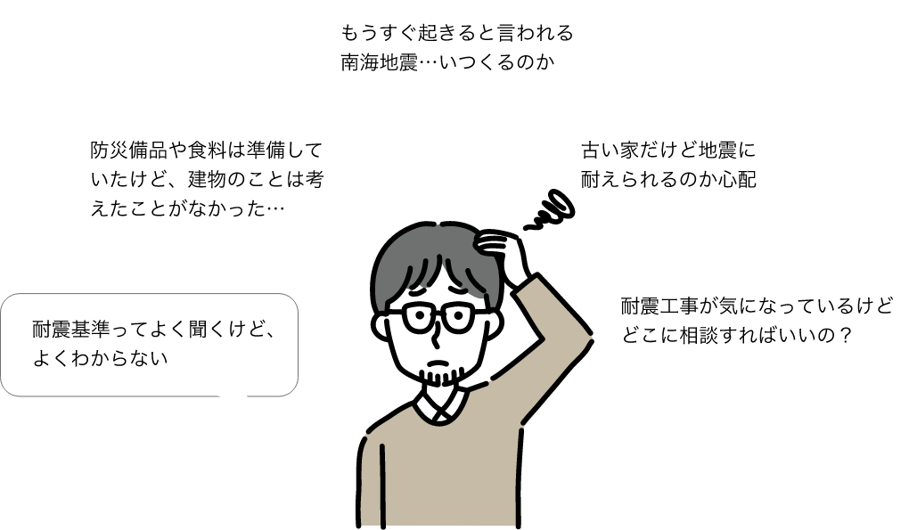 耐震基準ってよく聞くけど、よくわからない 防災備品や食料は準備していたけど、建物のことは考えたことがなかった… もうすぐ起きると言われる南海地震…いつくるのか 古い家だけど地震に耐えられるのか心配 耐震工事が気になっているけどどこに相談すればいいの？